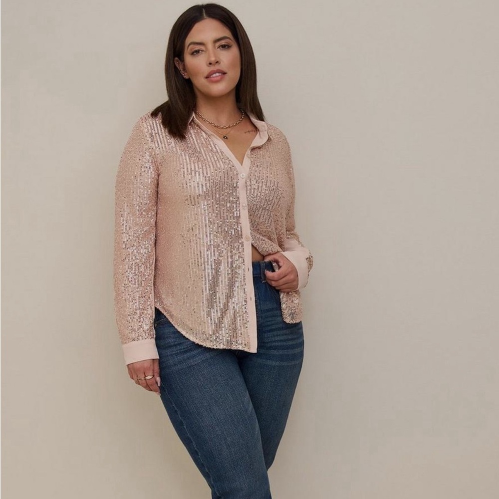 Torrid - Madison long sleeve button down sequin blouse - rose gold 3X